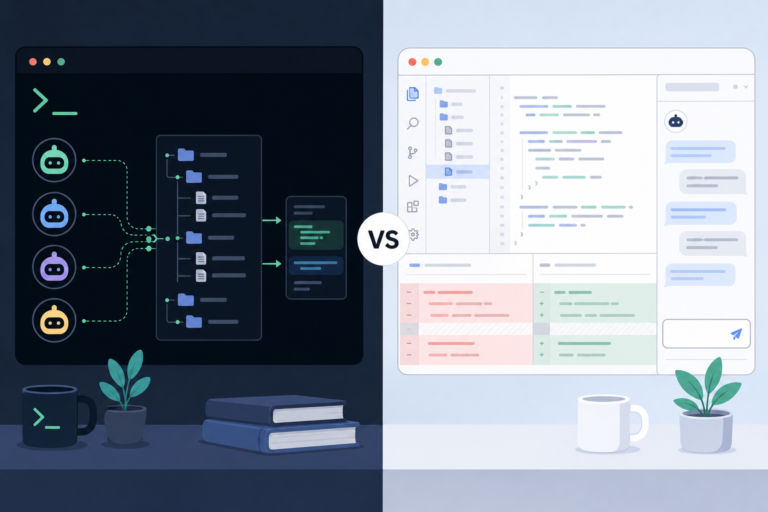 Claude Code vs Cursor: terminal agent workflow beside an AI IDE workspace