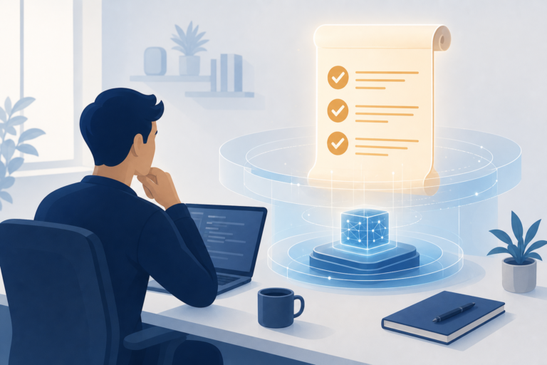Cursor agent rules that stick: a short contract checklist beside a developer at a desk