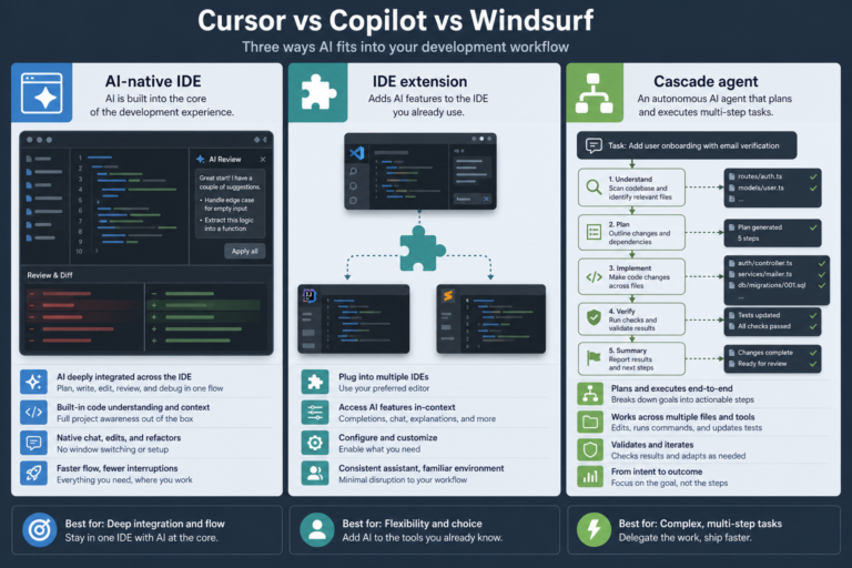 Cursor vs Copilot vs Windsurf comparison of editor, extension, and agent workflows