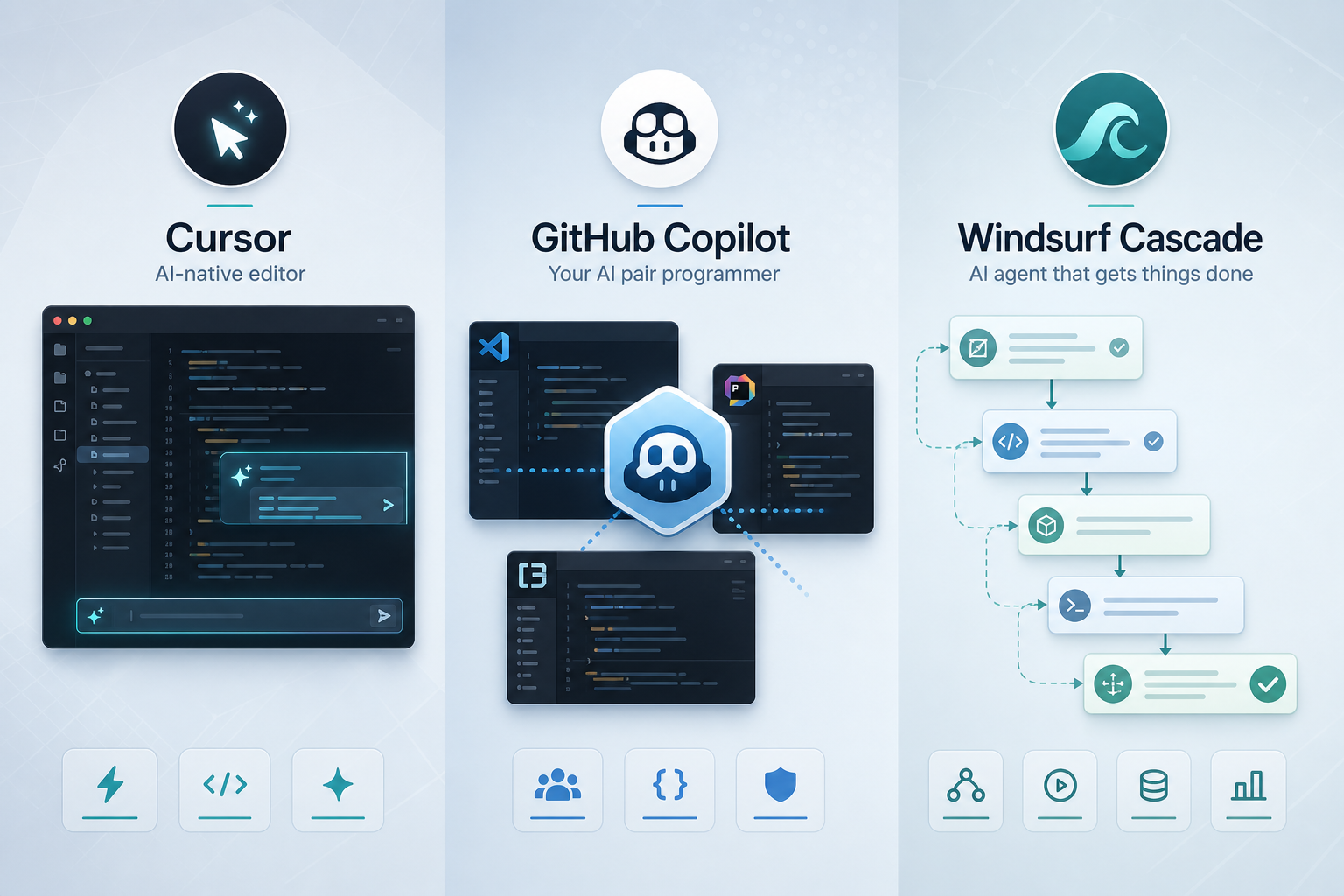 Cursor vs Copilot vs Windsurf: AI-native IDE, IDE extension, and Cascade agent surfaces