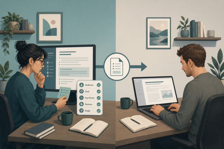 AI writing pipeline: an editor agent handing a structured brief to a writer agent that drafts prose