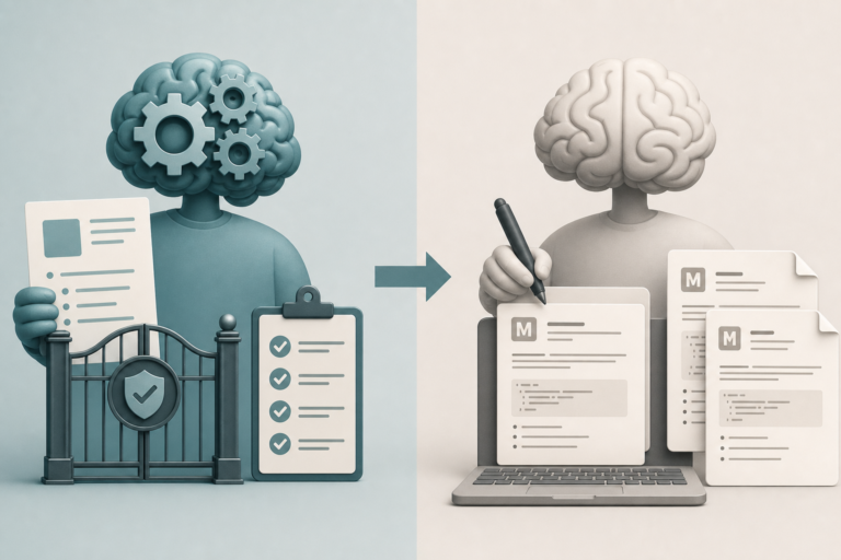 Split diagram: stronger editor owns the brief and gates; cheaper writer owns the prose