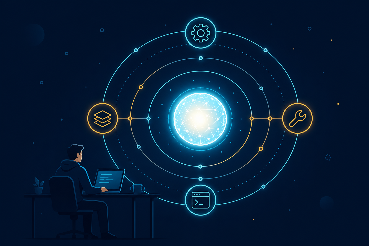 Why I use Cursor: AI model core surrounded by orbital rings of tooling, developer at a desk