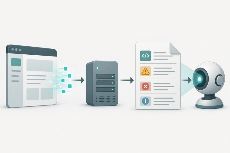 Flow: a running app sends tagged JSON entries into a local log file that an AI agent then reads
