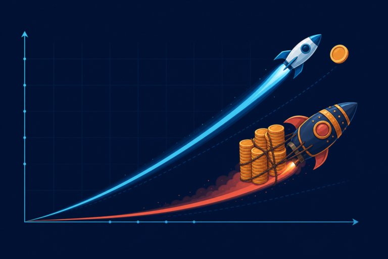 Illustration of a small fast rocket with a single coin outracing a large rocket weighed down by stacks of coins