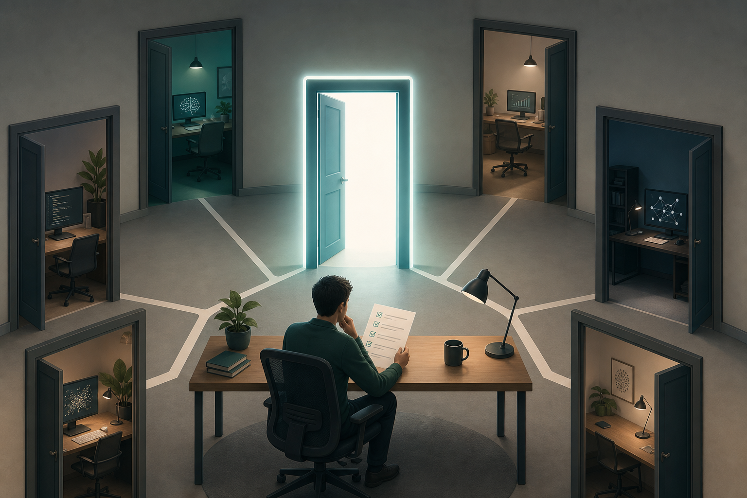 Multi-project review hub: one central portal front door with several AI project offices around a developer checklist