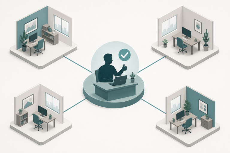 Shape diagram: N project offices connected to one multi-project review hub where a human approves
