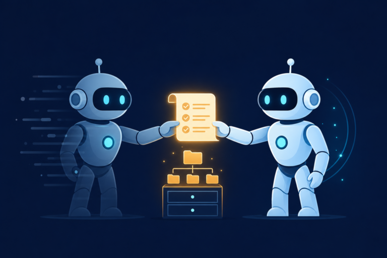 Session handoff: one agent passing a glowing checklist document to a fresh agent over a small archive