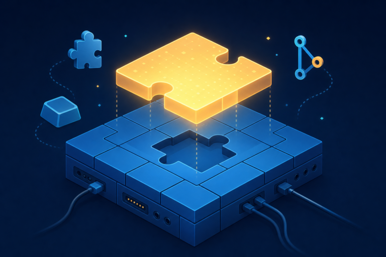 Illustration of a glowing new layer being lowered onto a sturdy platform of editor building blocks